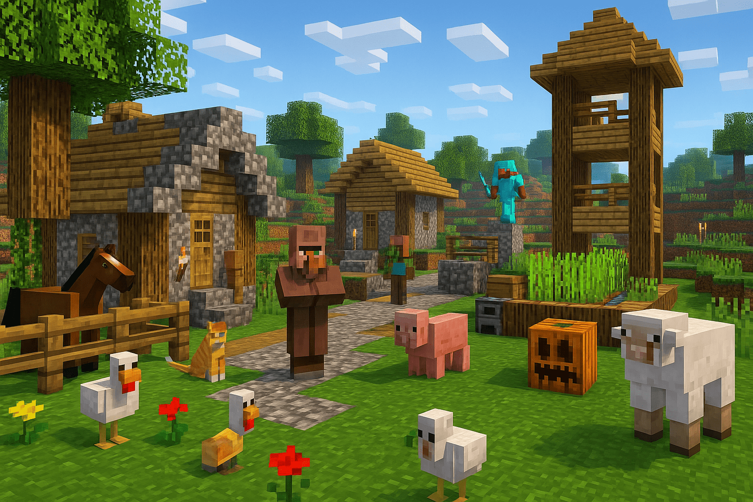 Complex Minecraft village scene showcasing performance optimization with multiple entities including villagers, animals like pigs, chickens, and sheep, detailed wooden structures with watchtowers, stone buildings, lush green environment with trees and flowers, demonstrating smooth gameplay even with high entity density thanks to Lithium's optimization capabilities