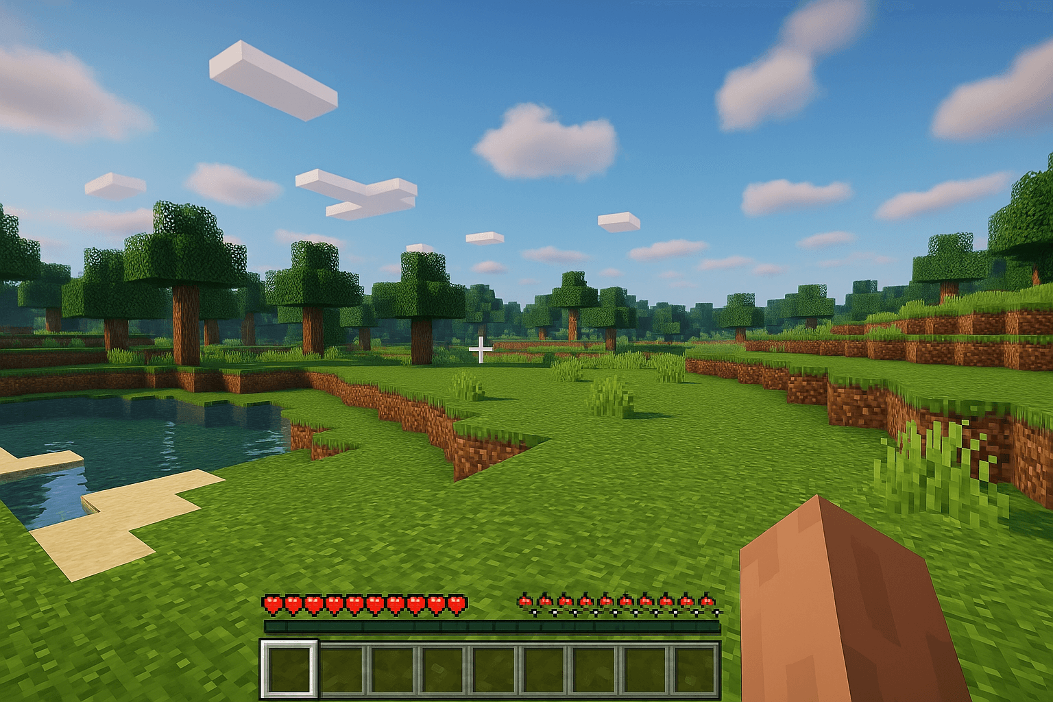 Minecraft gameplay screenshot showing smooth performance with Sodium mod - beautiful landscape with clear sky, flowing water, lush green terrain, and visible hotbar indicating stable 60+ FPS gameplay experience