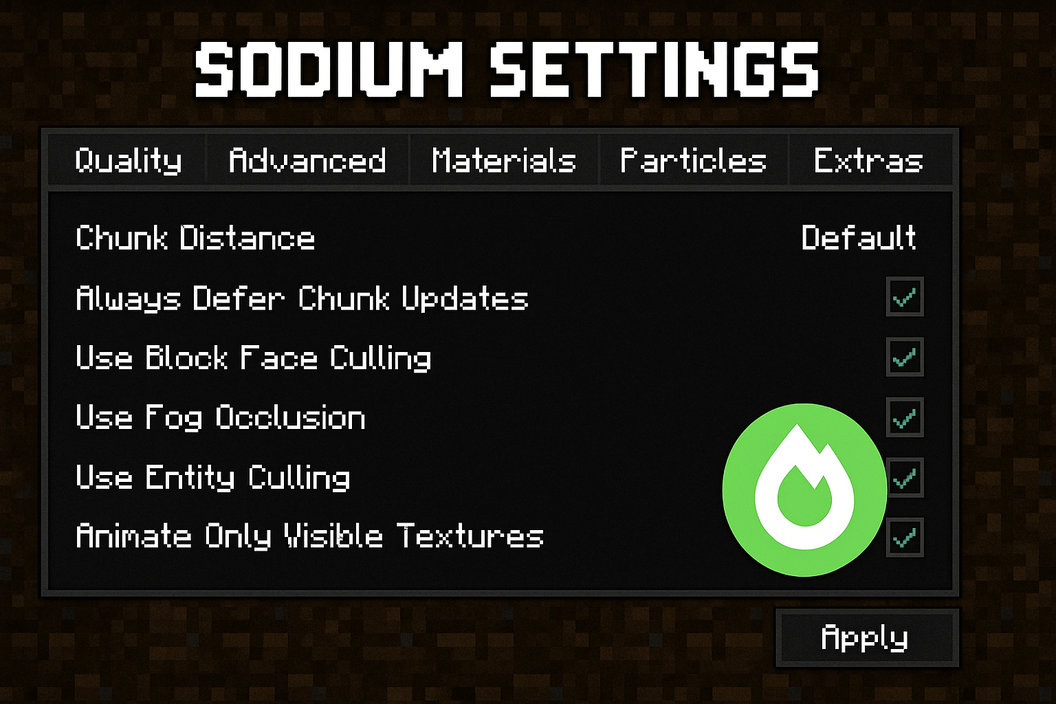 Sodium advanced settings interface screenshot showing detailed configuration options including chunk distance, deferred chunk updates, block face culling, fog occlusion, entity culling, and texture animation settings with the distinctive Sodium logo and apply button